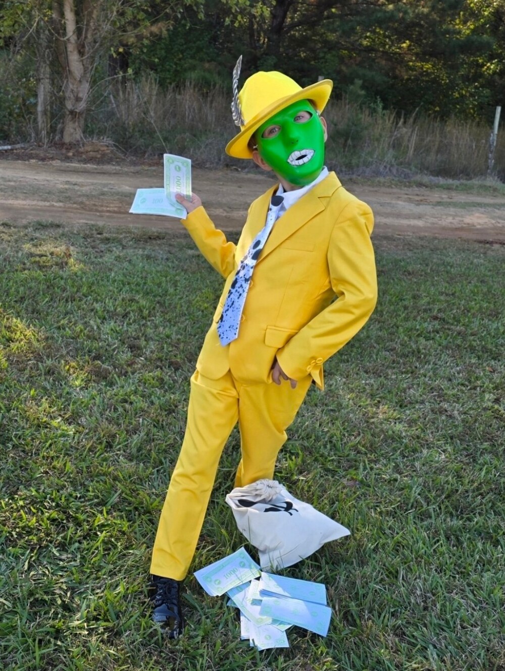 Jim Carrey The Mask 4pc Set Homemade Costume Hat Money Bag Bow Tie Face Mask